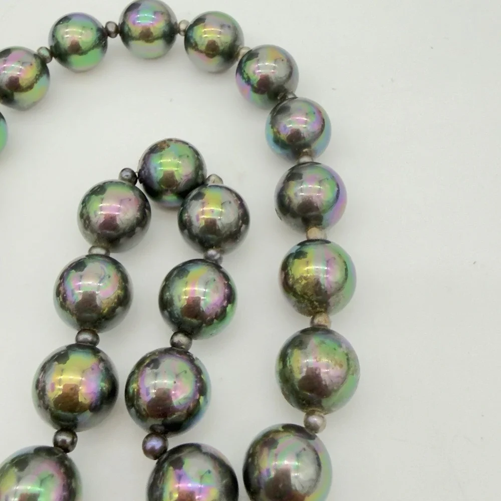 Vintage Peacock Faux Pearl Necklace 12.4 Mm Oilslick Sterling Silver Clasp 16